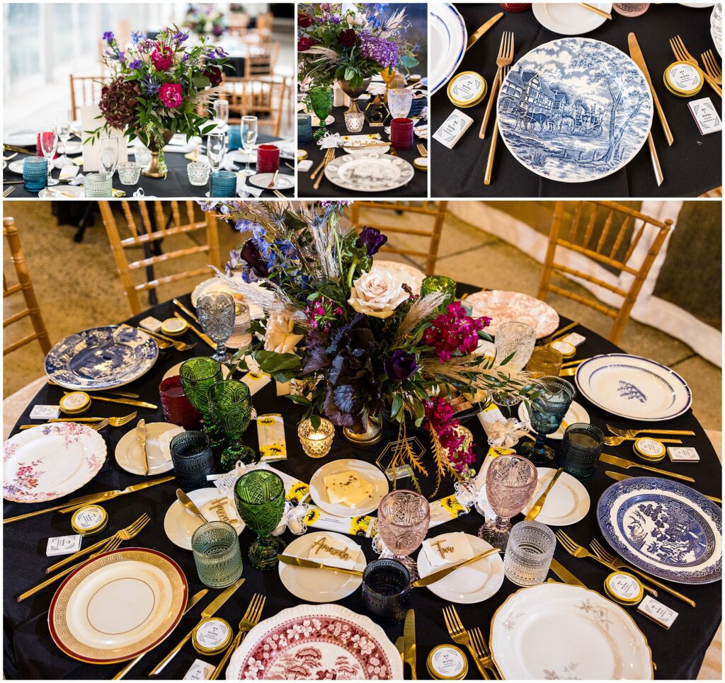 Moody, "'til death do us party" wedding reception details included thrifted china and multi-color glassware