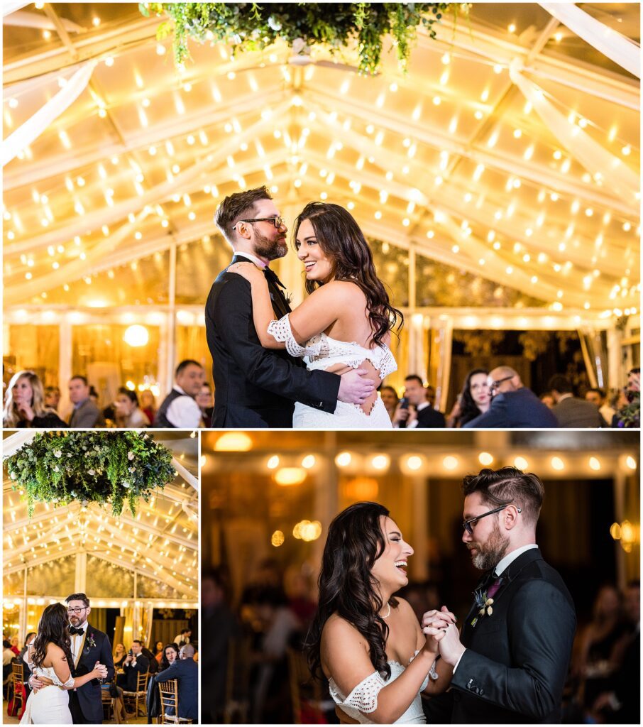 First Dance under twinkle lights for fall wedding reception