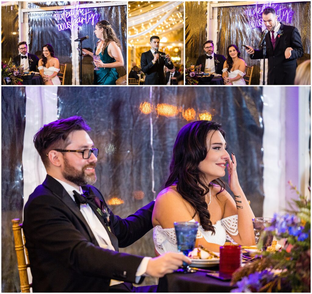 Couple reacts to toasts at fall wedding reception