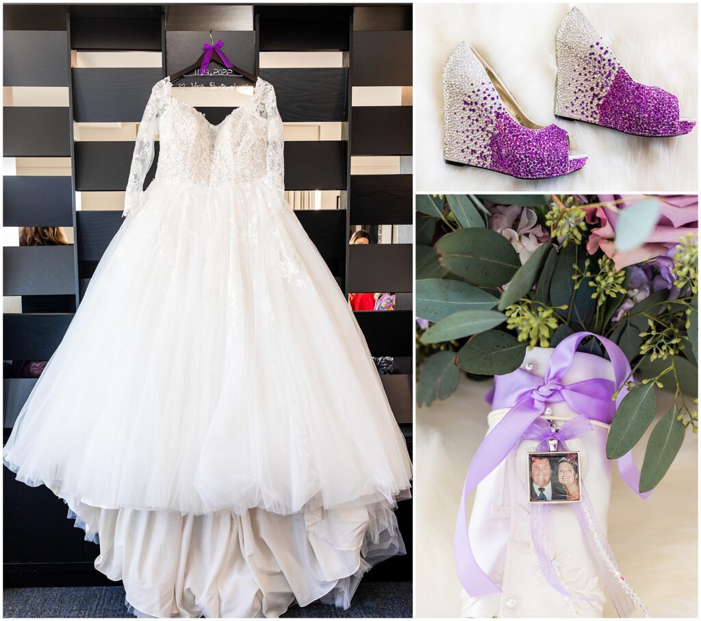 Wedding dress with purple wedding details