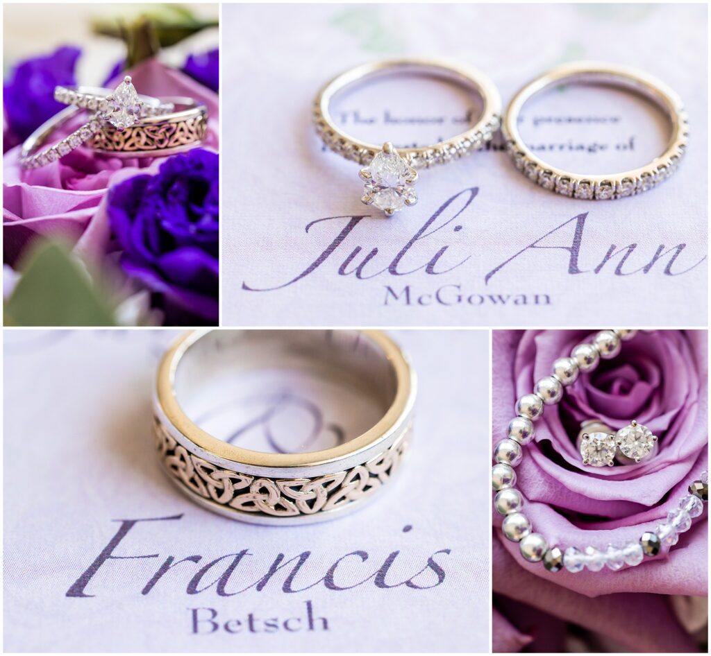 Wedding jewelry photographed with florals and wedding invitations