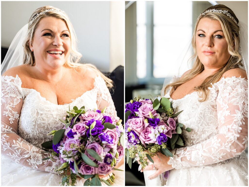 Portrait of the Bride holding her purple wedding bouquet by Pennys Flowers