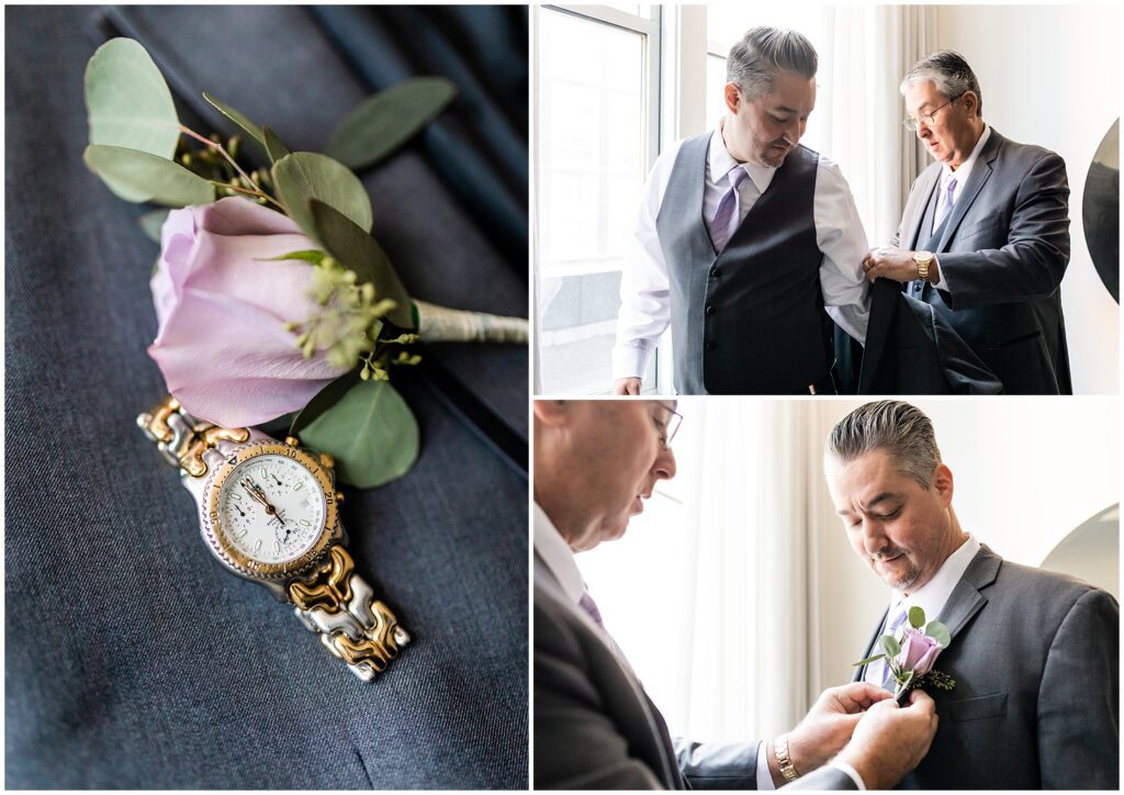 Groom details, and groom is helped with his jacket and boutonnière
