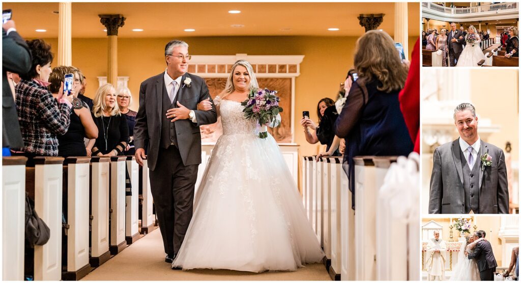 Bride walks down the aisle towards her groom