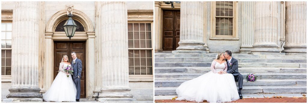 Portraits of the Bride and Groom on the steps of the First Bank of the United States