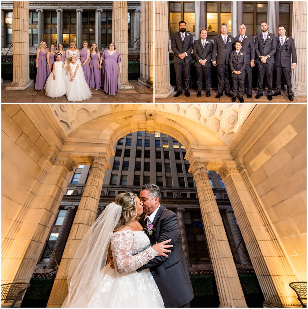 Bride and Groom with their Wedding party with purple details before a Ballroom at the Ben wedding reception