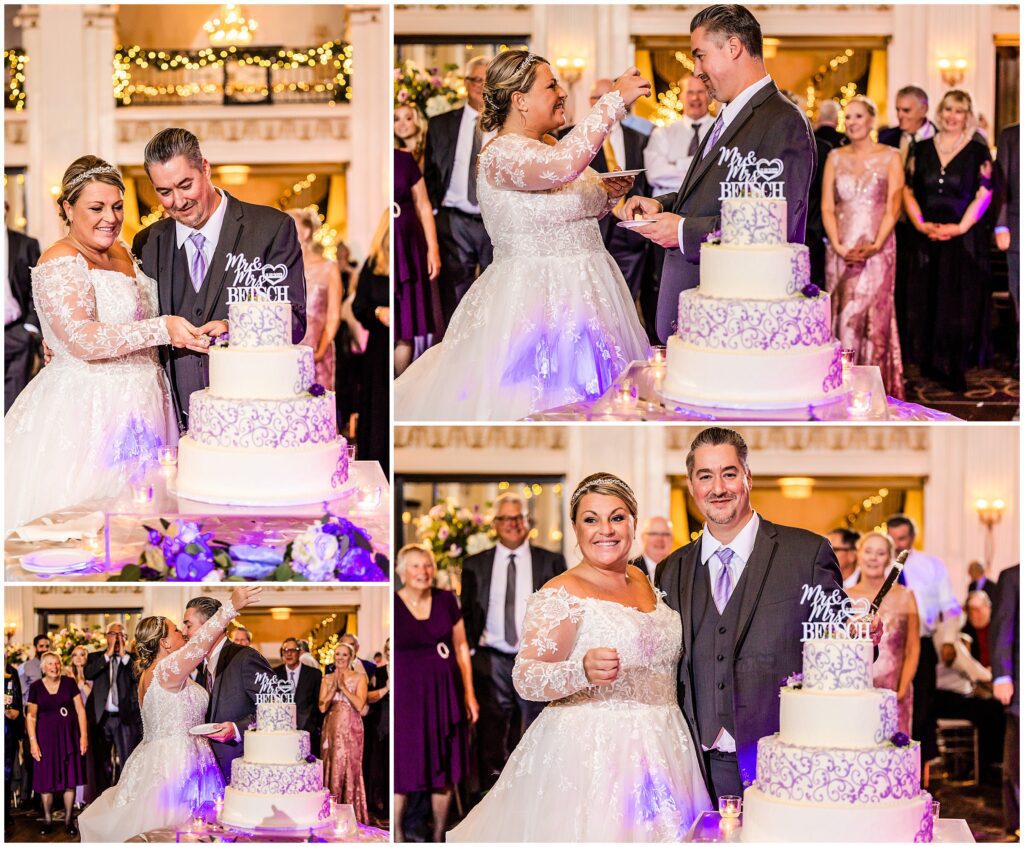 Newlyweds cut their four-tier wedding cake with layers of white with piped pattern detailing