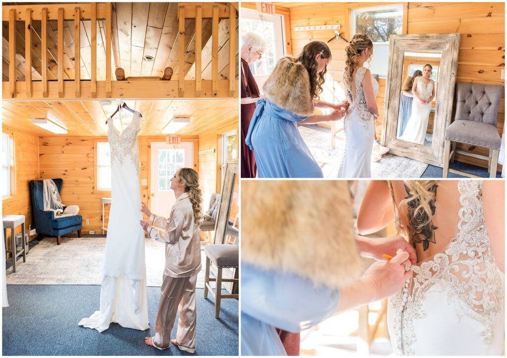 Bride is helped into her lace detail wedding dress