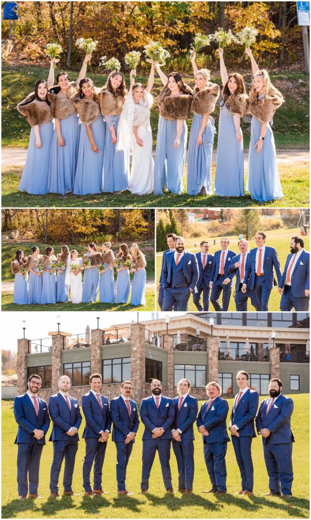 Outdoors wedding party portraits with shades of blue and navy with a pop of orange