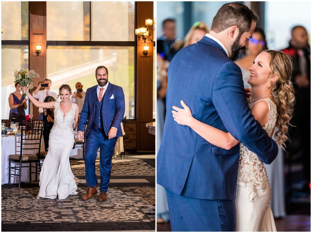 Newlyweds enter their wedding reception and enjoy their first dance