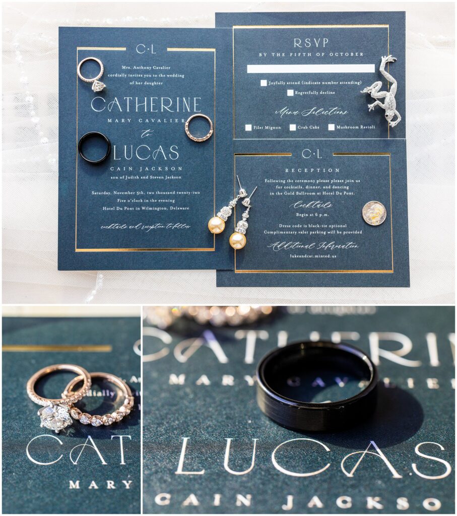Blue and gold invitation suite with white writing, and wedding jewelry details 