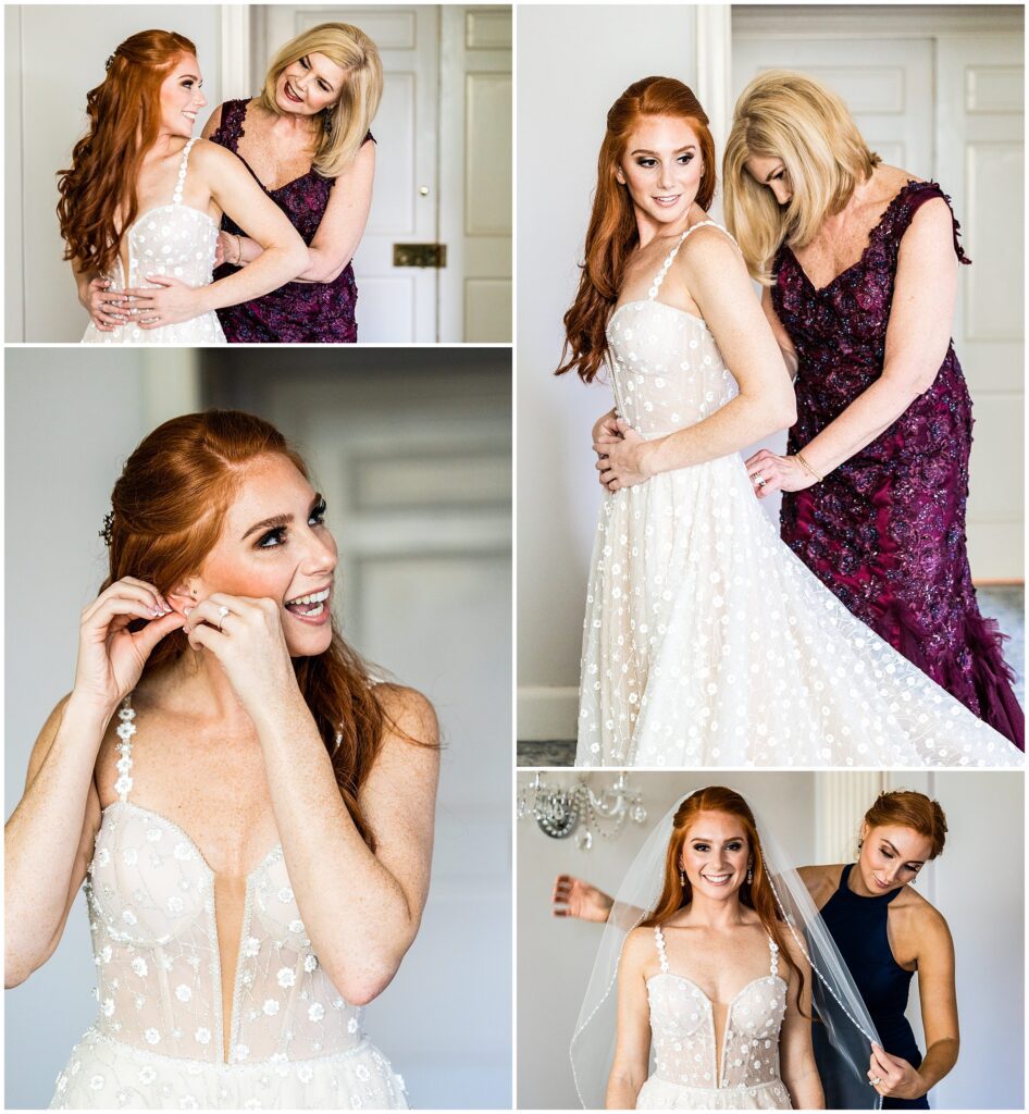 Bride is helped into her wedding dress and veil 