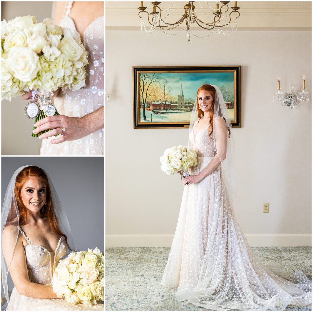 Bridal portraits and special details on the bridal bouquet 