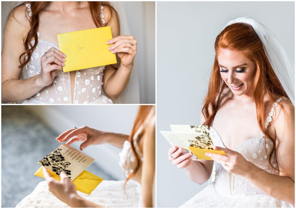 Bride reads a letter on the morning of her wedding 