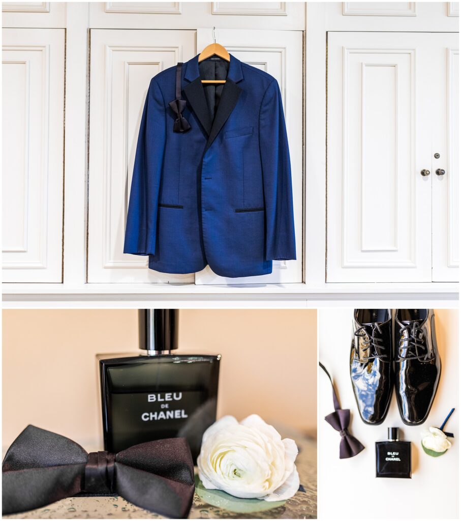 Groom’s wedding details - including navy blue suit jacket with black lapels 