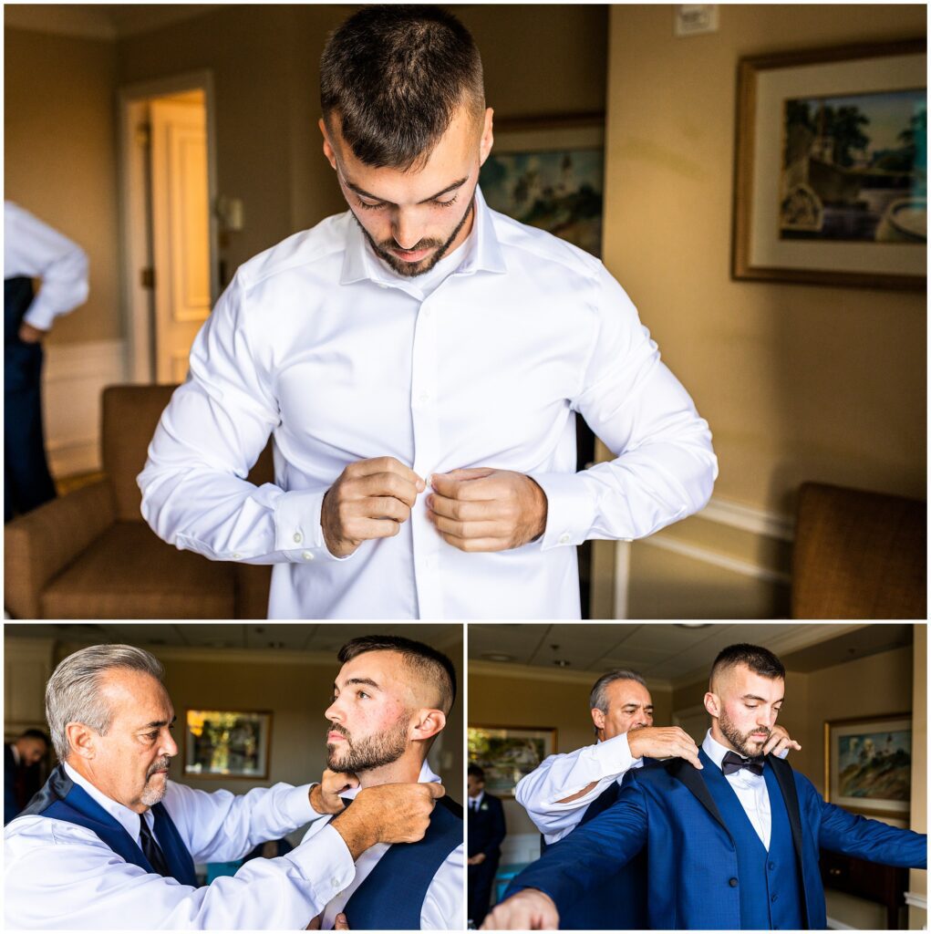 Groom gets dressed for his Hotel DuPont wedding