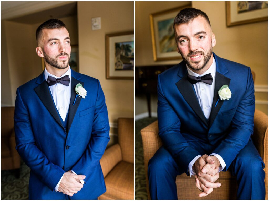 Portraits of groom in navy tux with black lapels and black bow tie