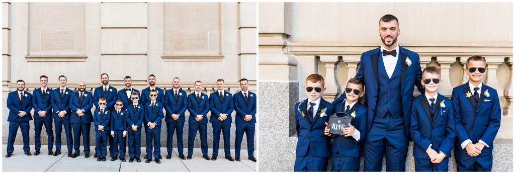 Grown and his wedding party in navy suits