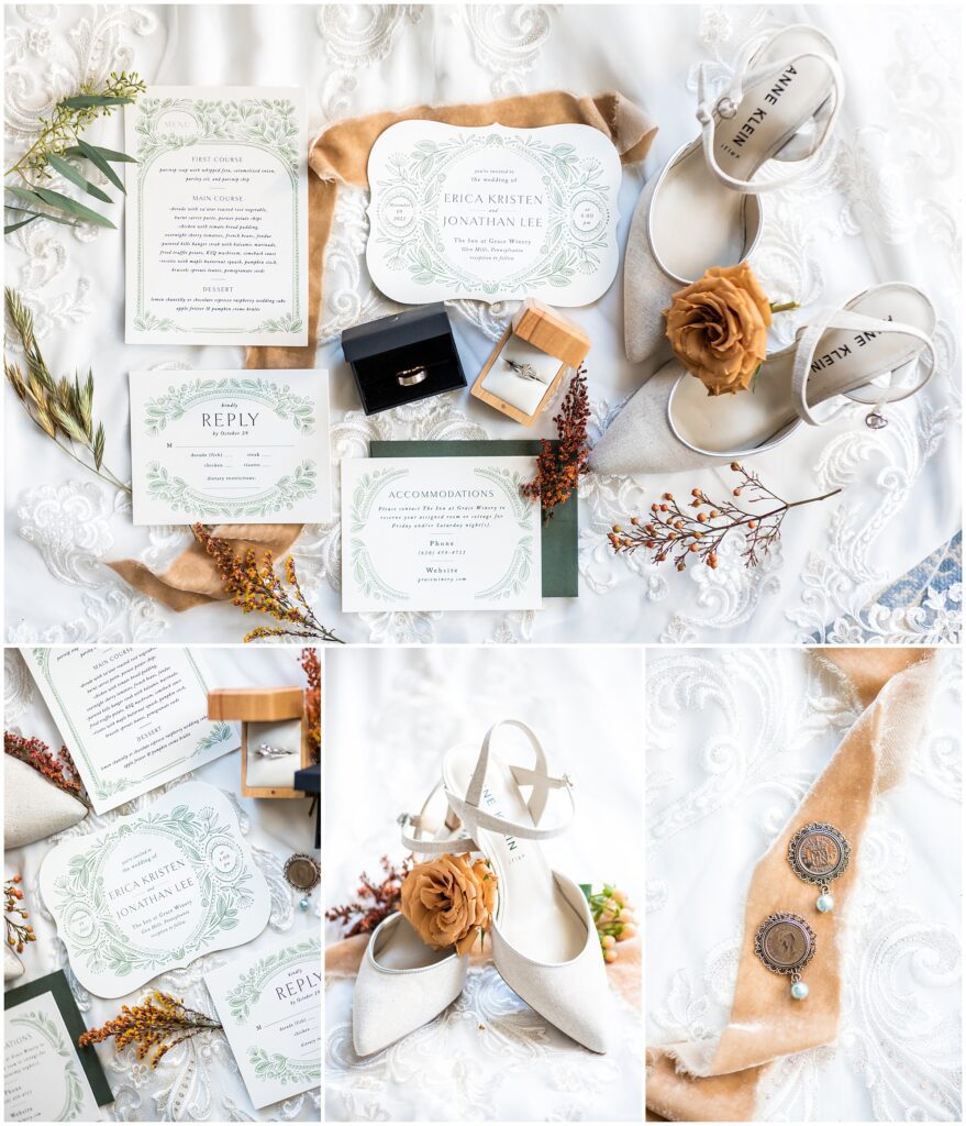 green and white wedding invitation, styled with wedding details