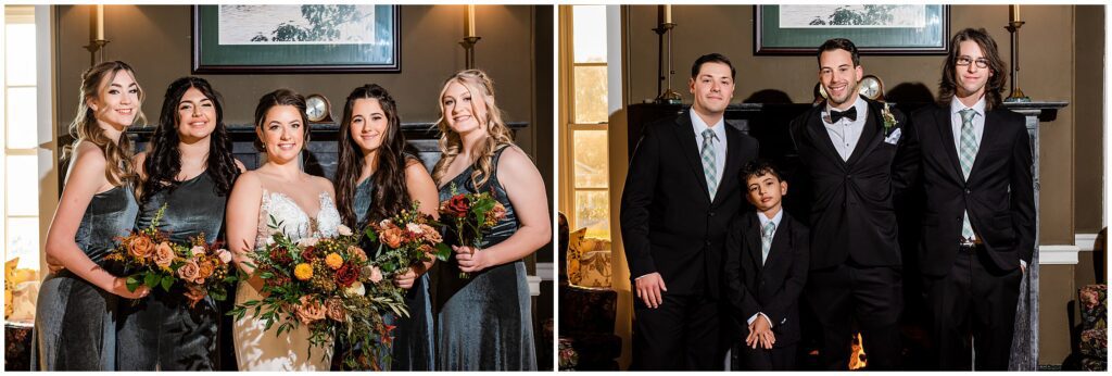 Bride with her we doing party in velvet dresses and groom with his wedding party in black suits