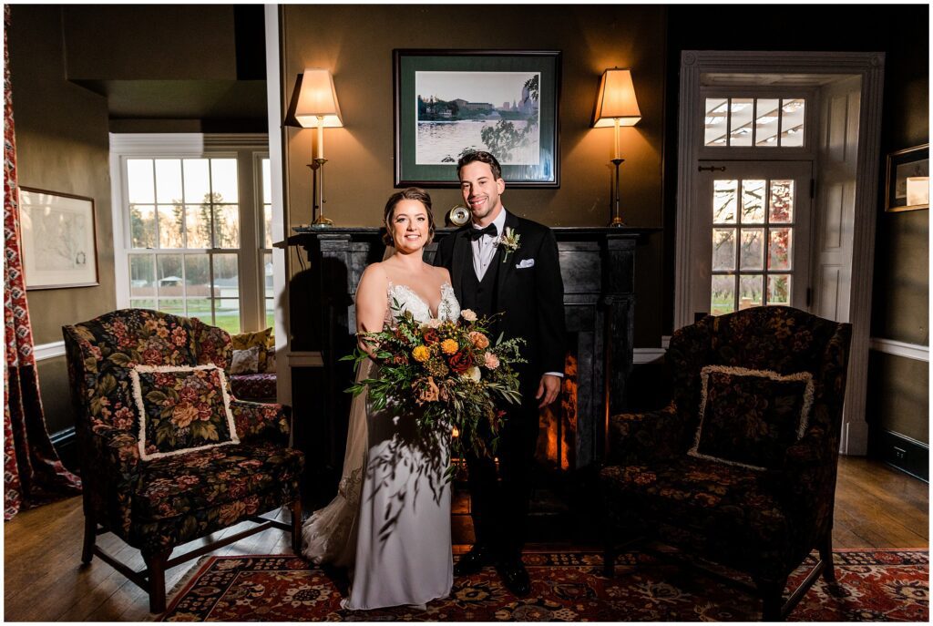 Bride and groom inside the Inn at Grace winery