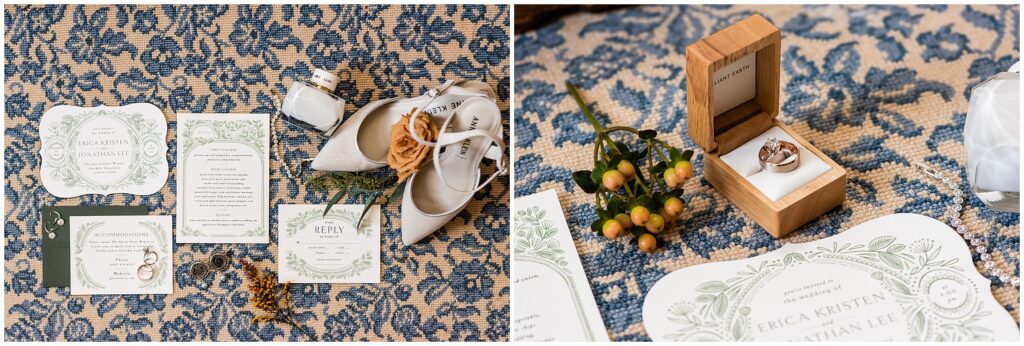 green and white wedding invitation suite, and wedding details