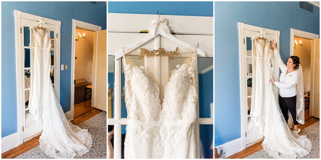 sleeveless white wedding dress with lace detailing and sheer top waits on a custom hanger