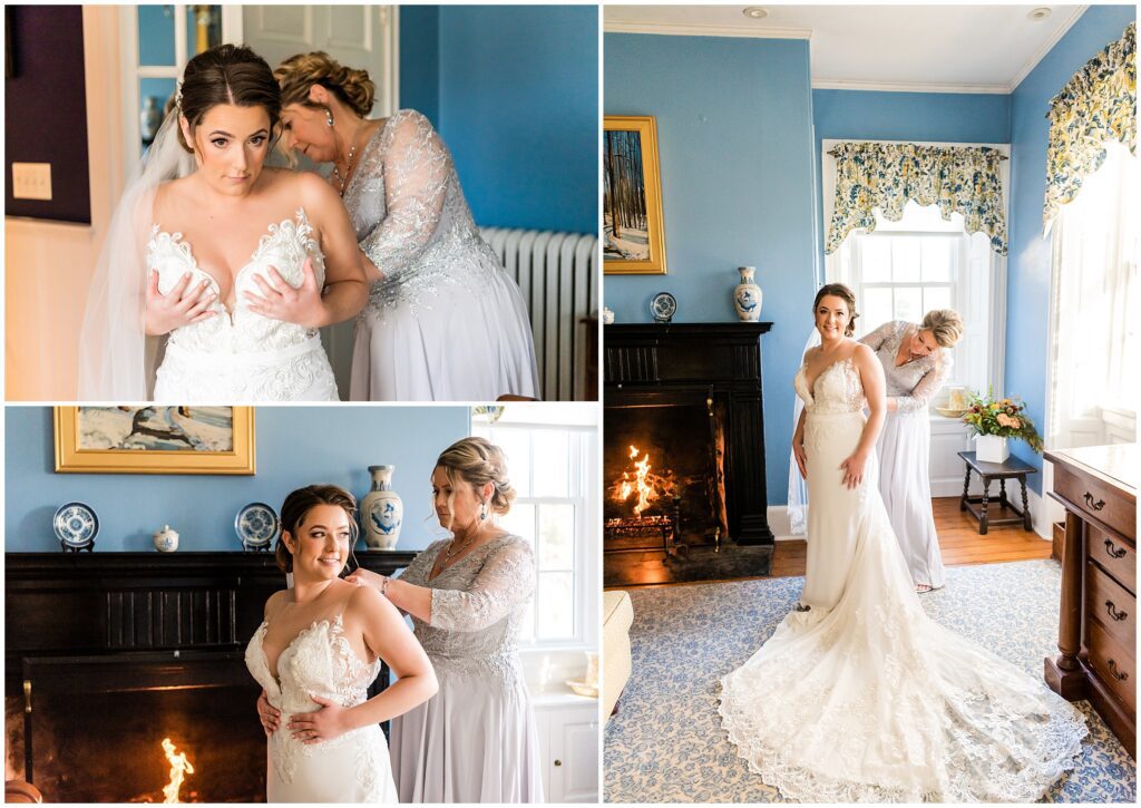 Bride is helped into her wedding dress