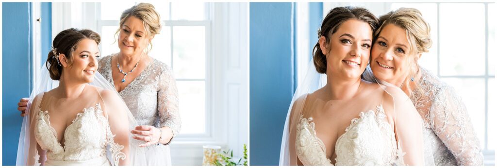 Finishing touches on the veil as the bride gets ready