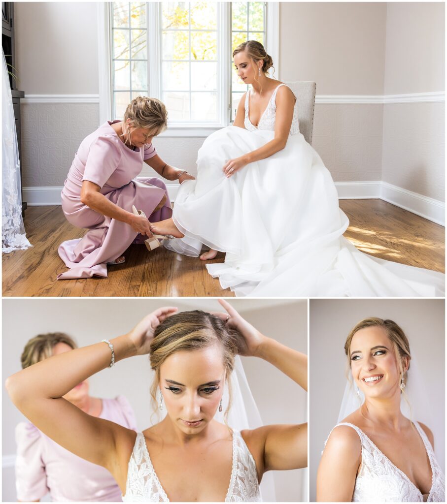 Bride gets assistance for finishing touches