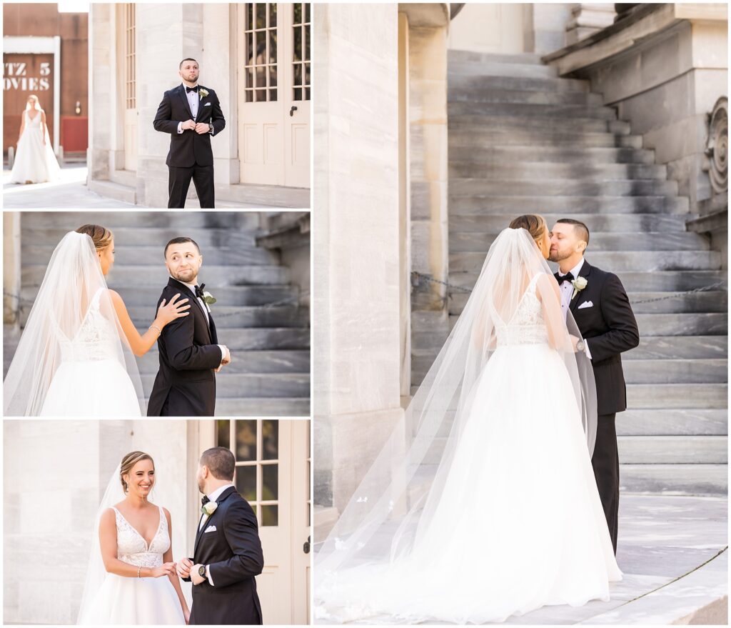 Bride and Groom's first look at the Merchant Exchange Building