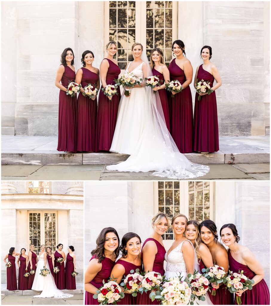 Bride with her wedding party in wine and burgundy dresses