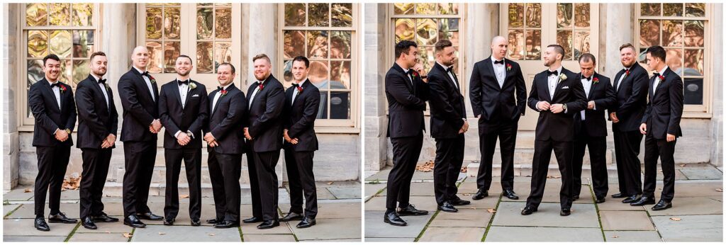 Groom with his wedding party, all in black tuxedos