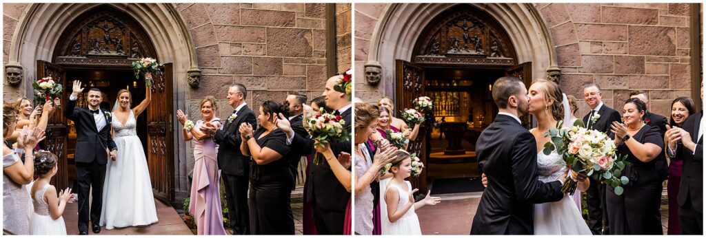 Newlyweds celebrate after their wedding ceremony