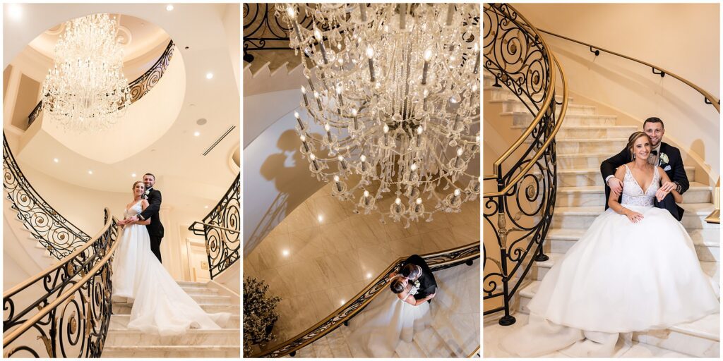 Bride and Groom on the grand staircase inside Mansion on Main
