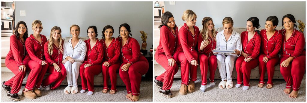 Bride and her wedding party getting ready in coordinating pjs