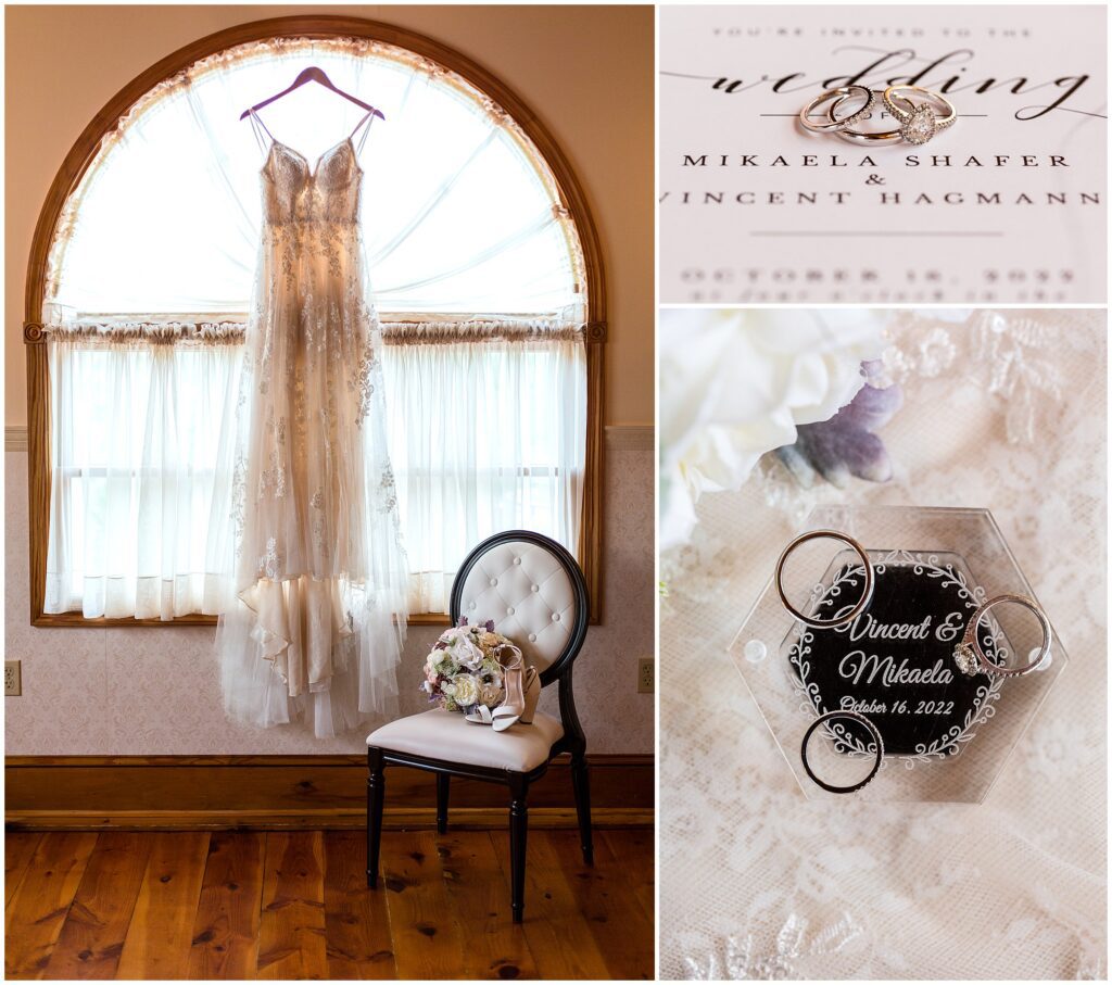 wedding dress with embroidery details hangs by open window; wedding bands and details