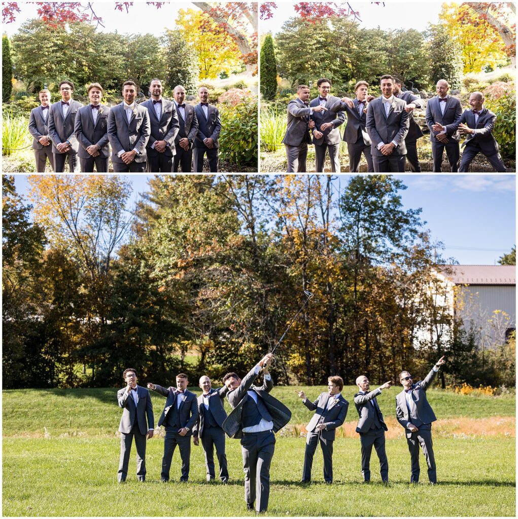 groom and wedding party have fun and golf before Meredith Manor wedding
