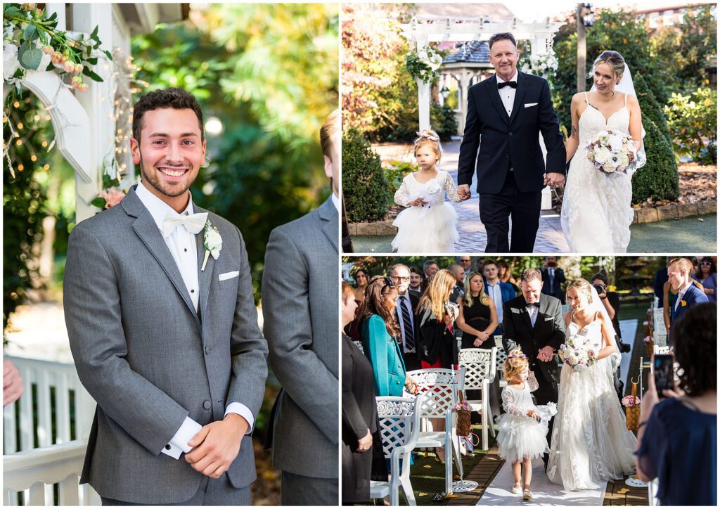 bride walks down the aisle towards her groom at Meredith Manor wedding