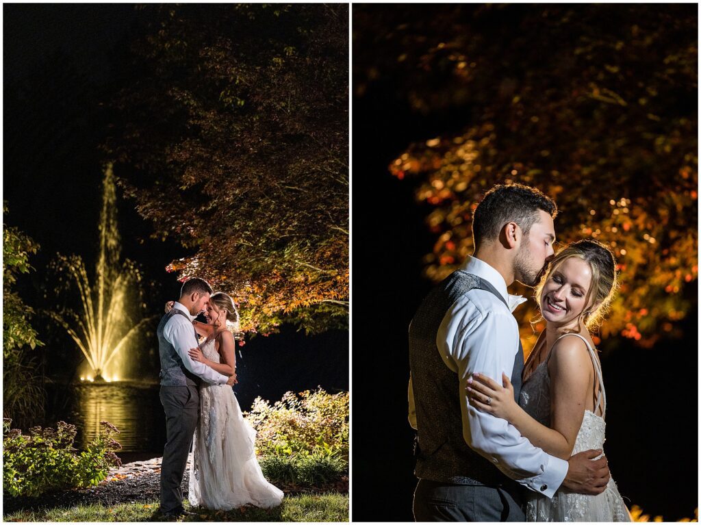Nighttime portraits of bride and groom at Meredith Manor