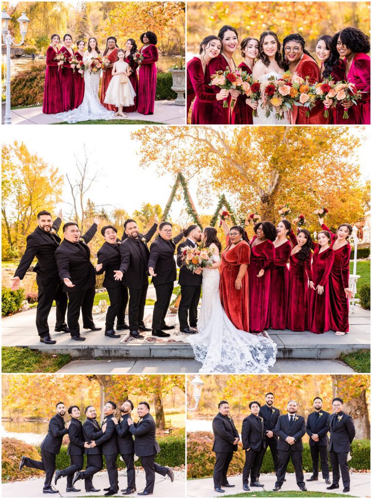 colorful fall wedding party and textured florals