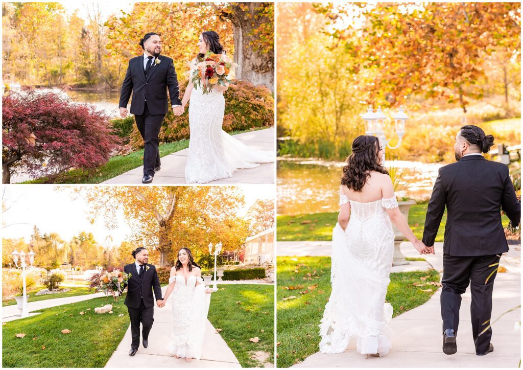 Couple holds hands while walking around the Prophecy Creek property, surrounded by beautiful fall colors, on their wedding day