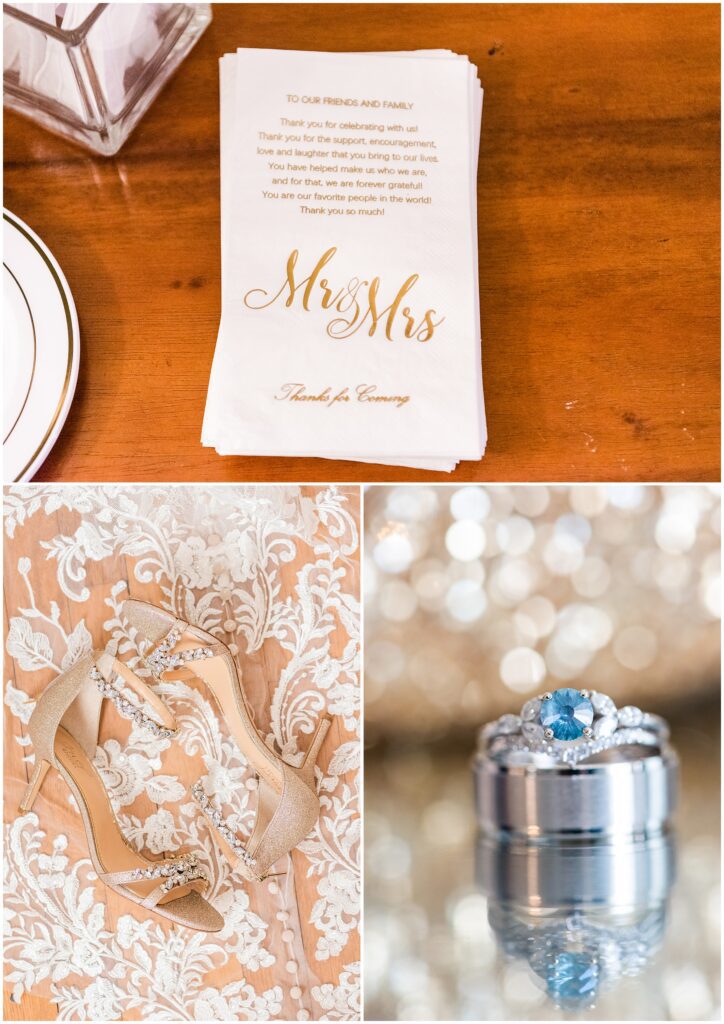 Wedding details, sparkly wedding shoes and wedding bands