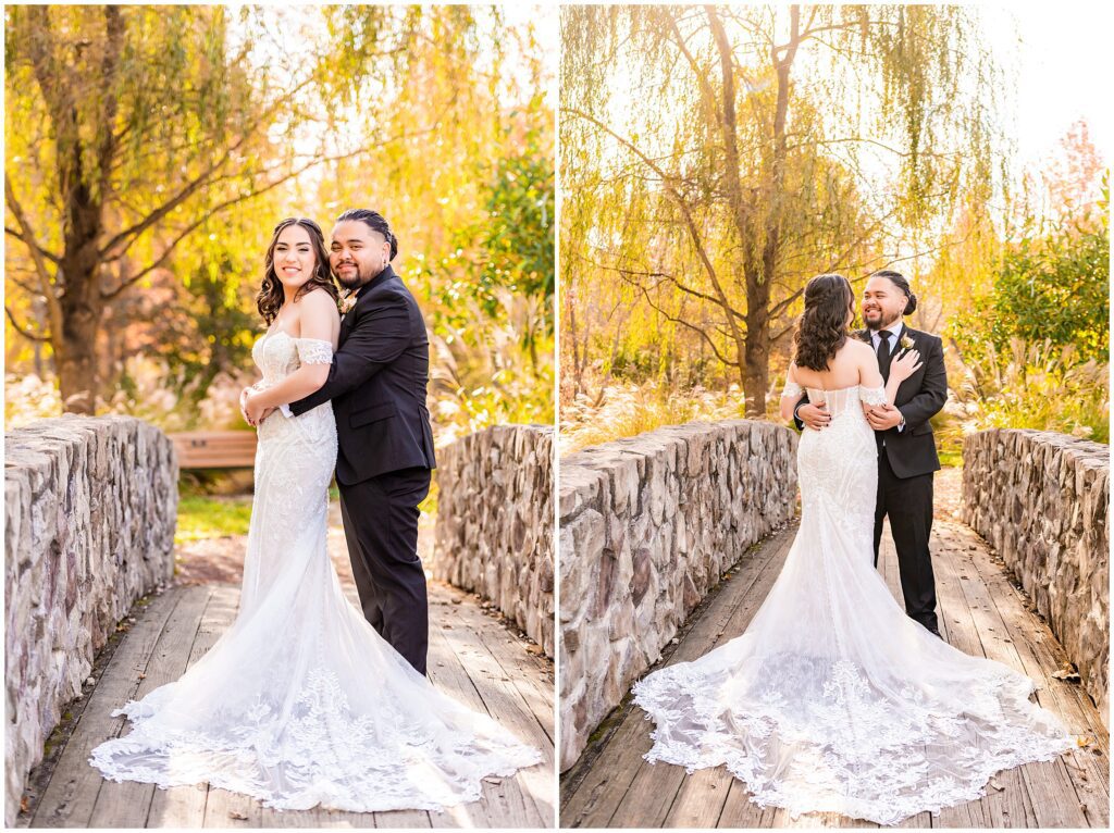 gorgeous fall colors behind couple standing on the bridge at Prophecy Creek