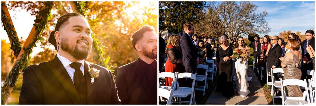 groom reacts to seeing his bride walking towards him during wedding ceremony as she is escorted by her mother