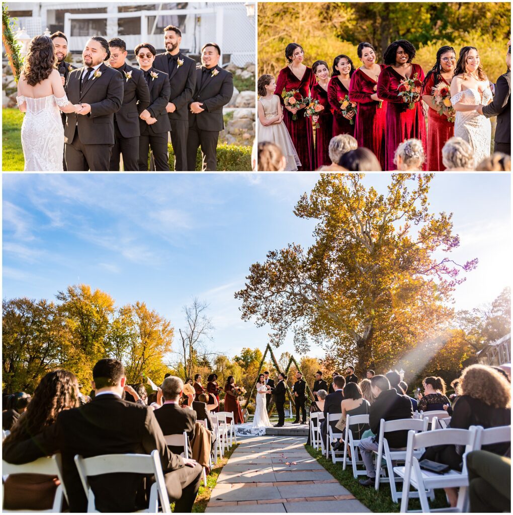 Fall wedding ceremony with gorgeous triangle and green backdrop amongst autumn foliage