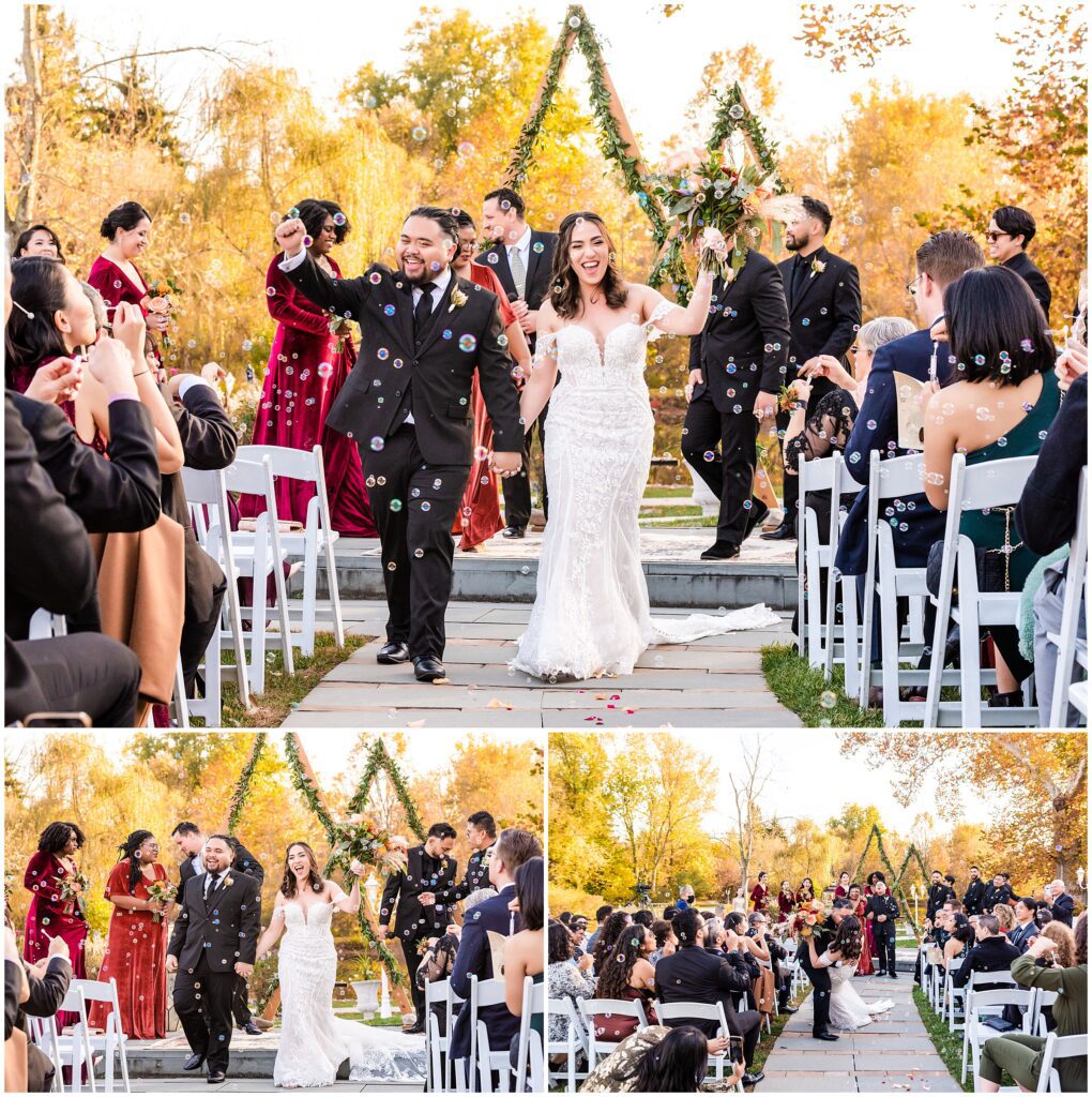 Couple exits their wedding ceremony to bubble celebration