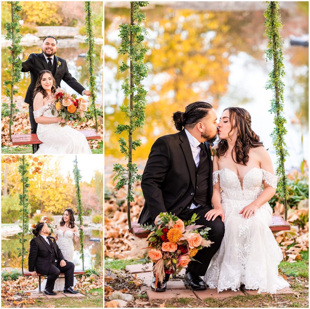portraits of newlyweds on the swing at Prophecy Creek