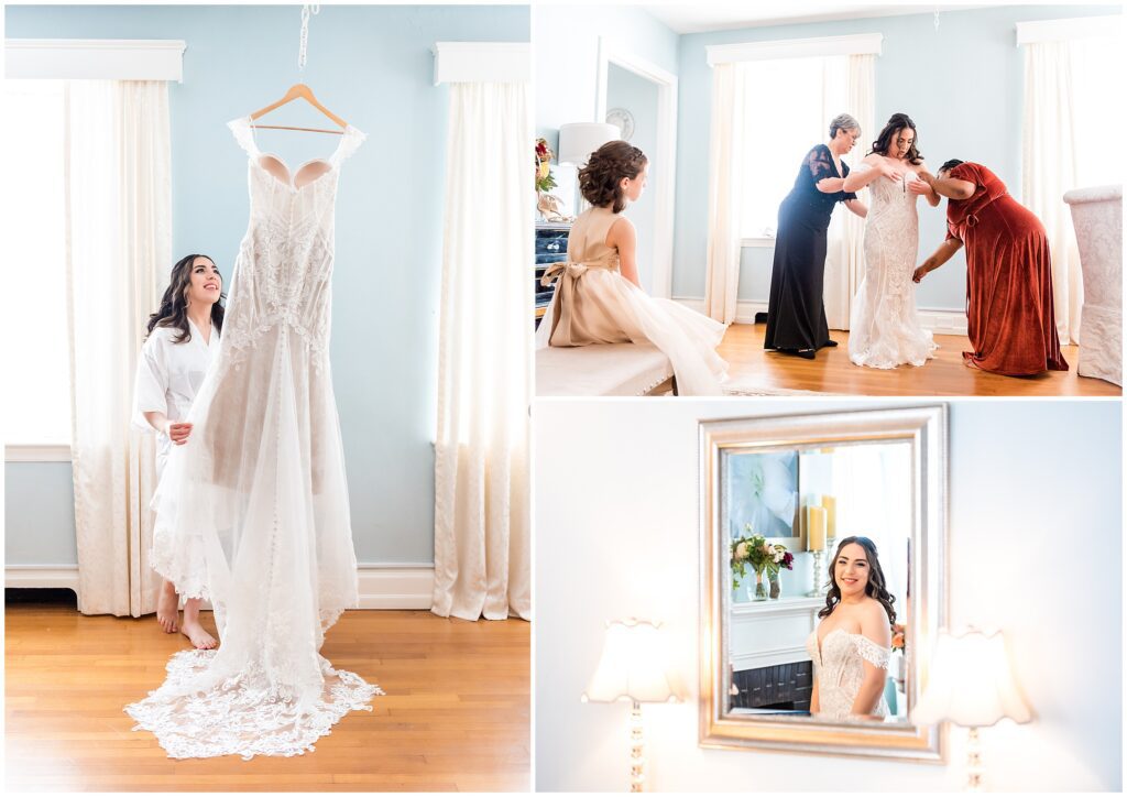 Bride gets into her wedding dress with sweetheart neckline and lace details