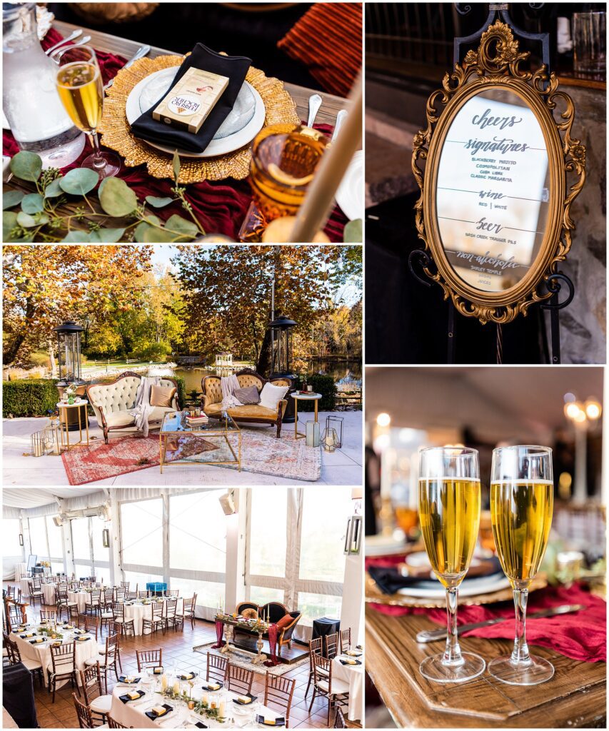 moody fall wedding reception lounge and details